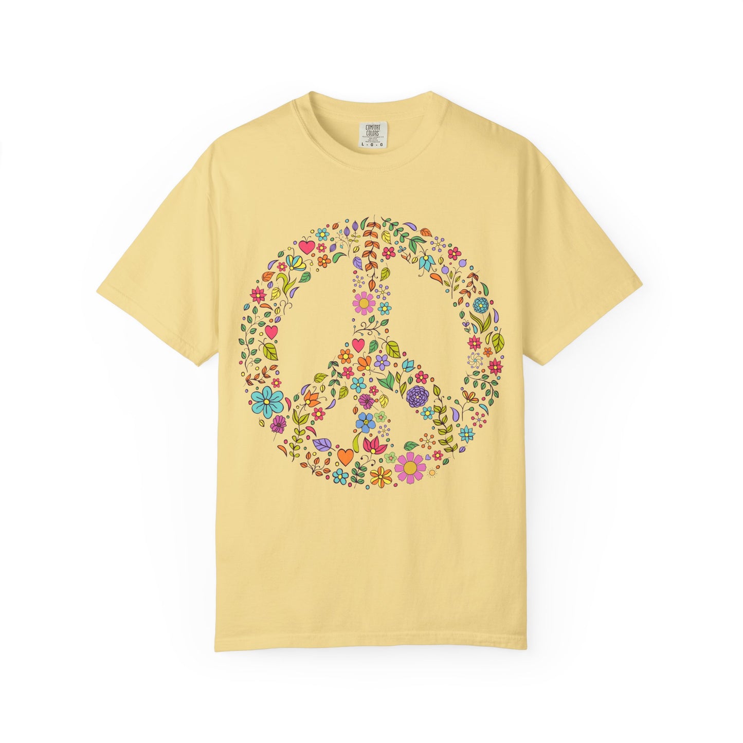 Comfort Colors Peace & Love Tee – Flower & Heart Doodle Design