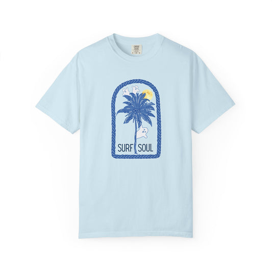Comfort Colors “Surf Soul” Tee – Coastal Palm Tree with Ghosts