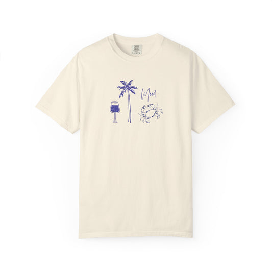 Comfort Colors “Mood” Tee – Coastal Wine, Palm & Crab Graphic